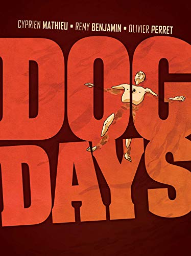 Book cover for "Dog Days" with large orange text and a falling figure.