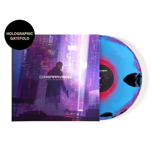 Vinyl record and album cover featuring a figure in a futuristic city.