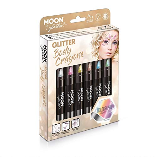 Holographic Festival Glitter Paint Stick/Body Crayon makeup for the Face & Body by Moon Glitter - 3.5g - Gift Set containing 6 Body Crayons - Silver, Pink, Gold, Rose Gold, Blue & Green