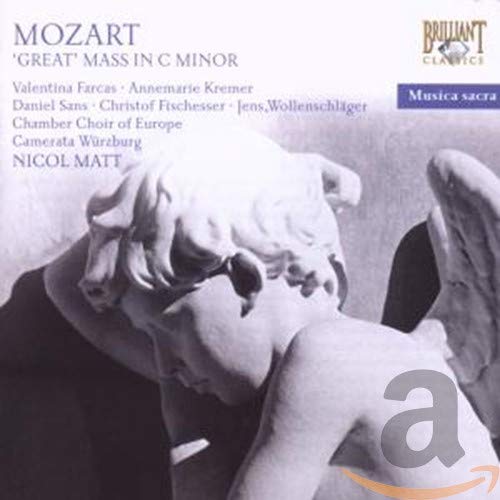 CD cover for Mozart’s Great Mass in C minor, featuring angelic statues.