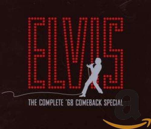 Elvis logo in red lightbulbs with a white silhouette of Elvis singing on stage.