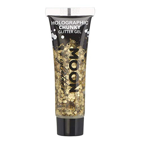 Holographic Chunky Face & Body Glitter Gel by Moon Glitter - Gold - Cosmetic Festival Glitter Face Paint for Face, Body, Hair, Nails - 12ml