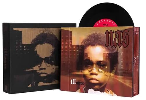Nas’ “Illmatic” vinyl record with album cover featuring a young man.