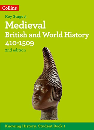 Textbook cover titled Medieval British and World History 410-1509 featuring a bronze sculpture head.