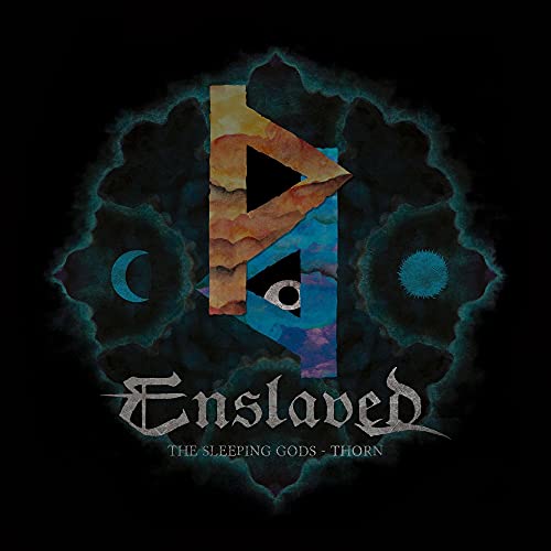 Album cover for Enslaved’s “Thorn” featuring a rune and dark, swirling colors.