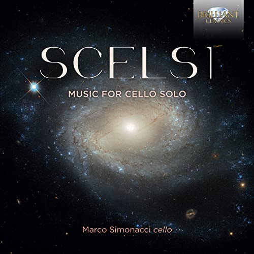 CD cover with galaxy image, text “Scelsi: Music For Cello Solo”.