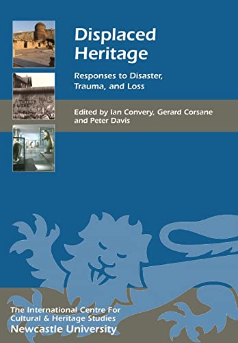Book cover for Displaced Heritage with three small images and a large lion illustration.
