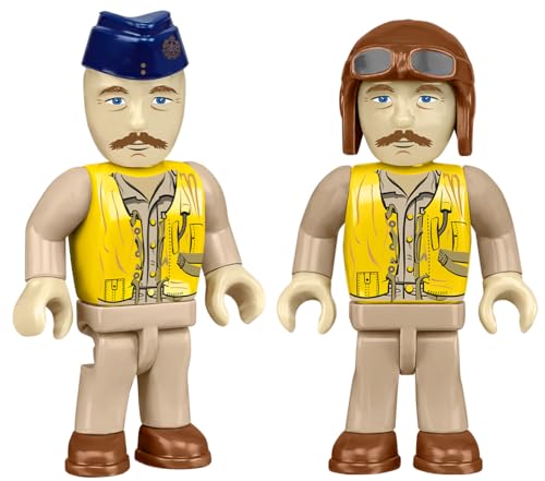 Two plastic toy figures of WWII pilots with helmets and mustaches.