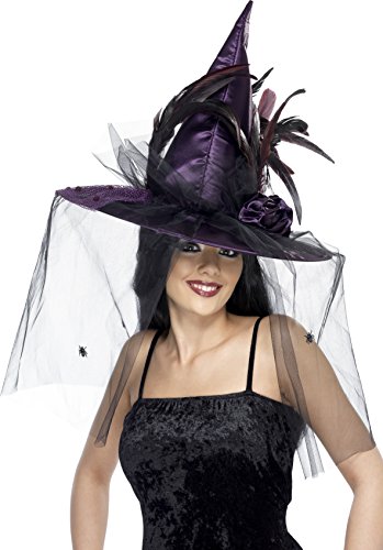 Smiffys Witches Hat, Purple, Feathers and Netting