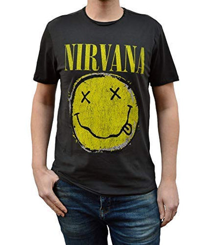 Amplified Nirvana Worn Out Smiley Unisex Charcoal T Shirt (Small)