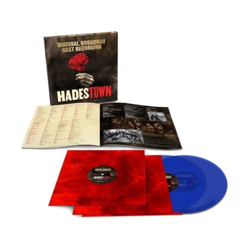 Hadestown original Broadway cast recording vinyl with red and blue discs.