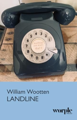 Dark blue rotary dial telephone on a wooden surface, book title below.