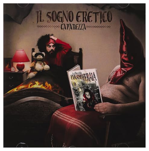 Album cover featuring a masked man reading a book and a man in bed.