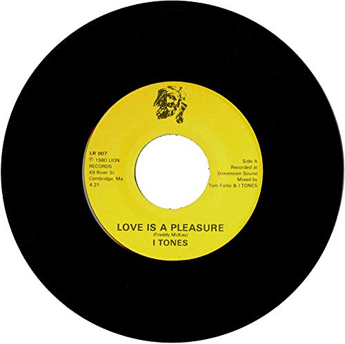 Black vinyl record label with yellow center, lion graphic, and text.