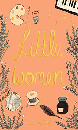 Book cover for Little Women with a peach background, floral borders, and hobby illustrations.