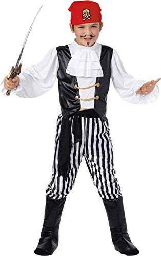 Smiffys Children's Pirate Costume, Shirt, Trousers, Boot Covers, Headscarf, Belt, Ages 4-6, Colour:Black and White, 25761