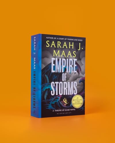 Book cover for Empire of Storms by Sarah J. Maas featuring dark stormy waves.