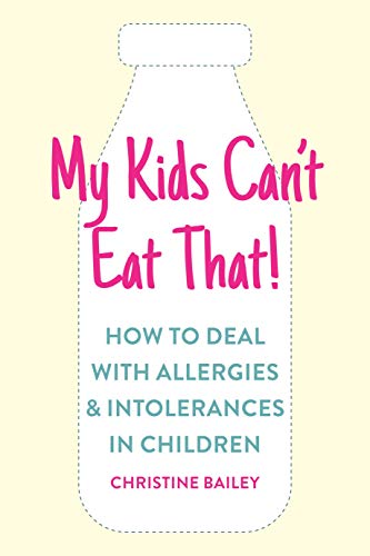 Book cover with a milk bottle shape and pink text about food allergies.