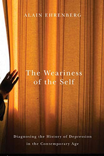 Book cover: "The Weariness of the Self" with orange and shadowed imagery.