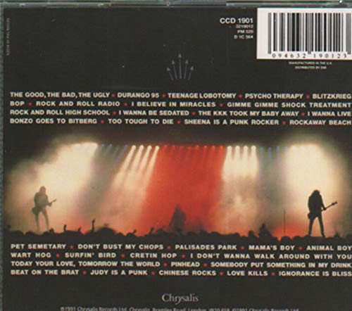 Ramones “Loco Live” CD back cover with band members performing onstage.