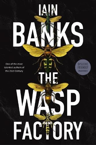 Book cover of The Wasp Factory by Iain Banks featuring four wasps on black.
