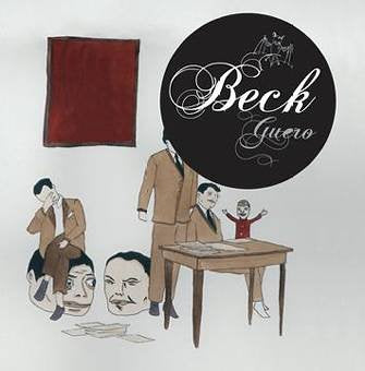 "Vinyl album cover with cartoon illustrations and 'Beck Guero' text on a black circle."
