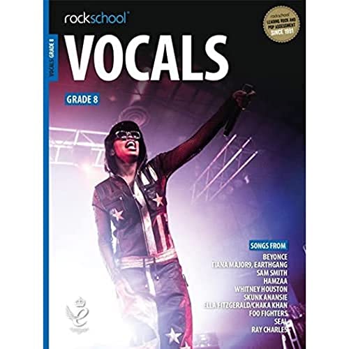 Rockschool Vocals Grade 8 music book cover featuring a singer performing on stage.