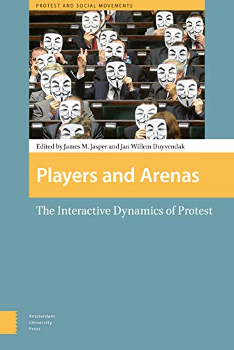 Book cover with a crowd wearing Guy Fawkes masks, titled “Players and Arenas.”