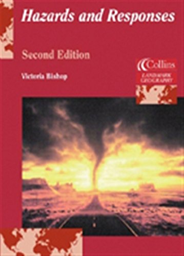 Textbook cover titled Hazards and Responses featuring a tornado over a road at sunset.
