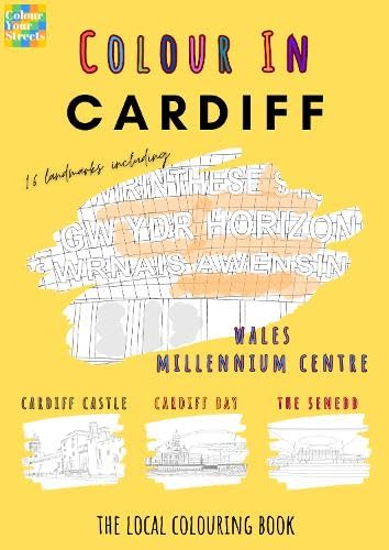 Cardiff colouring book cover with line drawings of local landmarks.