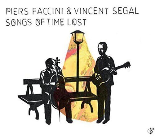 CD cover: two musicians with instruments on a park bench.