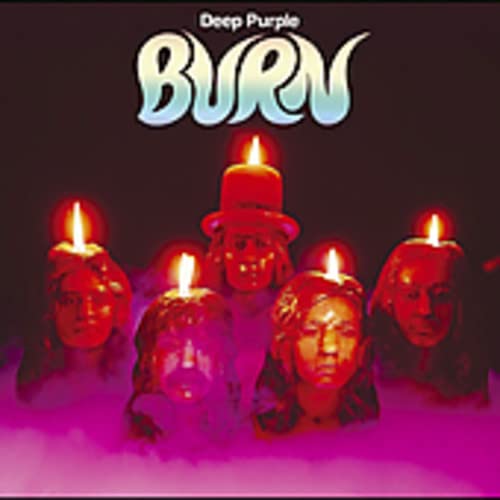 Album cover for Deep Purple’s “Burn” featuring burning candles and faces.