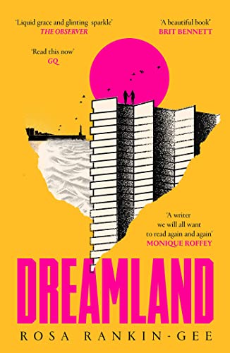 Book cover with pink and black text on yellow background and cityscape illustration.
