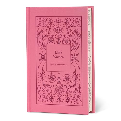 A pink hardcover book titled Little Women with dark pink floral and bird illustrations.