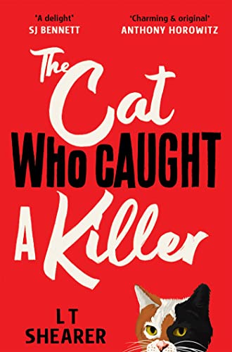 Book cover with red background, white and black text, and a calico cat face.