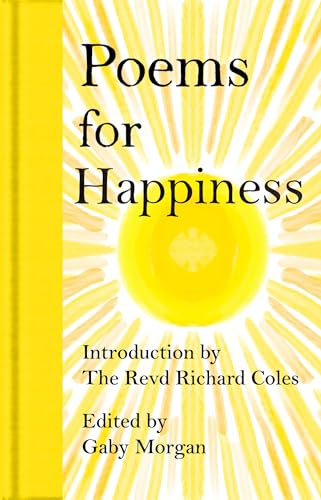 Book cover titled Poems for Happiness with a yellow sunburst design on white background.