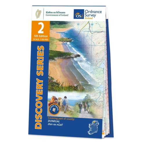 Ordnance Survey Ireland Discovery Series map of Donegal, featuring a coastal landscape and hikers.