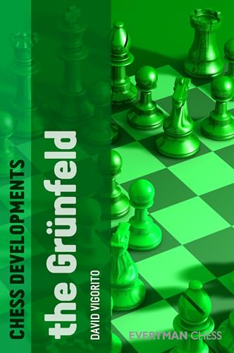 Green chess pieces and book cover titled “The Grunfeld.”
