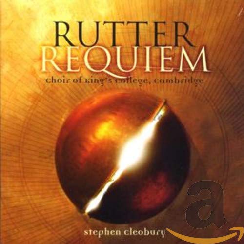 CD cover featuring text Rutter Requiem and a glowing, cracked sphere on golden background.