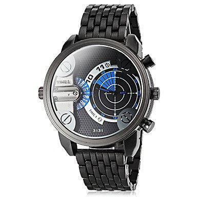 Black wristwatch with a complexB complex dial and a matching black metal link band.