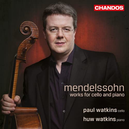 Cellist Paul Watkins with his instrument, album cover for Mendelssohn works.