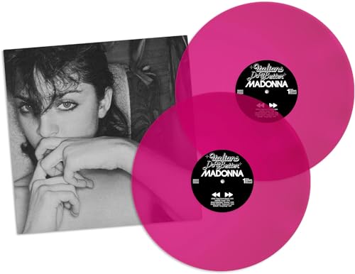 Neon pink vinyl records and album cover featuring a black and white portrait.