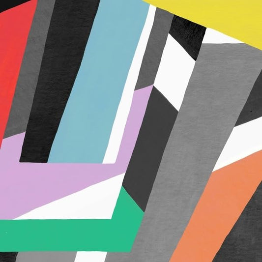 Abstract geometric album cover with bold stripes of red, blue, and green.