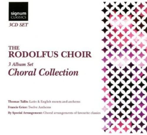 CD case for “The Rodolfus Choir: Choral Collection” with pink and white geometric design.