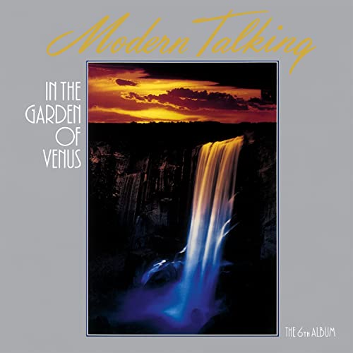 Album cover: waterfall cascading into darkness under a fiery sunset.