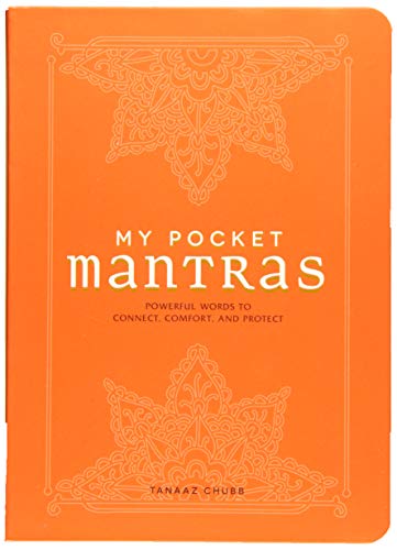 Orange pocket-sized book cover with ornate designs and the title "My Pocket Mantras".