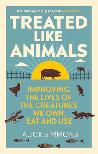Book cover titled Treated Like Animals featuring illustrations of various animals on blue background.