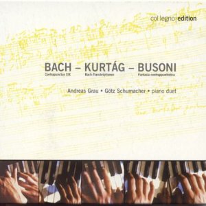 Classical music CD cover featuring composers Bach, Kurtag, and Busoni with minimalistic design.
