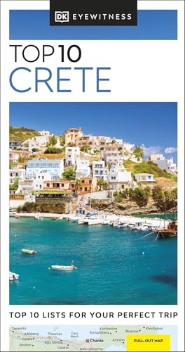 Travel guidebook cover with Crete island images and top 10 list on a colorful background.