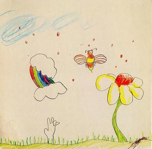 Childlike drawing of a bee, a rainbow cloud, and a flower on beige paper.